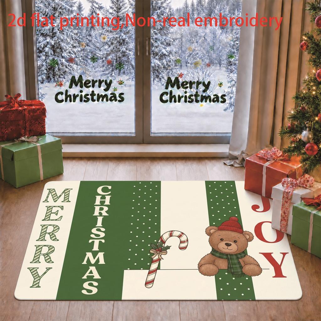 1pc, 2D Flat Printing, "Merry Christmas" Teddy Bear Candy Cane Entrance Doormat, Non-Slip Machine Washable Easy-to-Clean Polyester Mat, Suitable for H