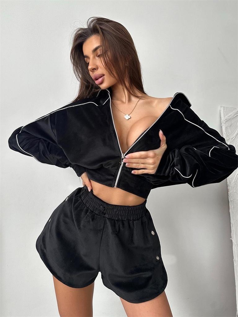 Women's Long Sleeve Zip Up Striped Cardigan Two Piece Outfit Slim Waist Shorts Set
