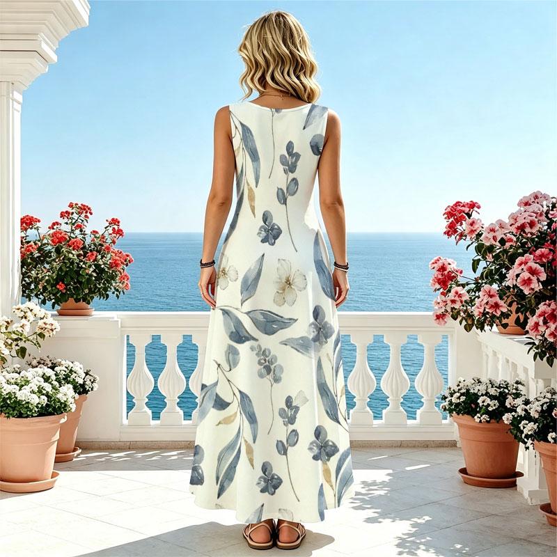 Sleeveless Lightweight Flowy Floor-Length Beach Dress,Fresh Style for Daily Casual Summer Outfit