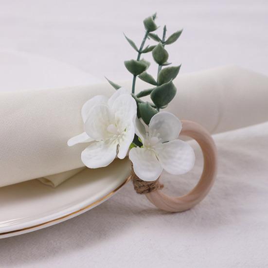 6Pcs Boho Napkin Rings Fabric Flower Faux Eucalyptus Leaf Napkin Holders Rustic Wooden Napkin Rings for Wedding Bridal Shower Dining Table Decor
