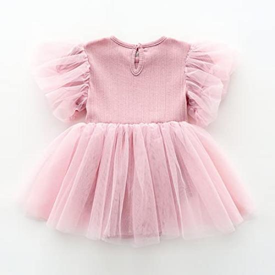 Летнее платье с коротким рукавом для малышки с юбкой из тюля и рюшами для волос, однотонное, подарок для подготовки к рождению, комбинезон для девочки, аксессуар, розовый, 6 месяцев,