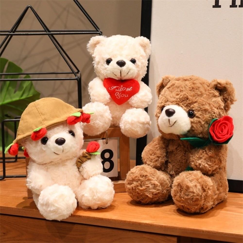 Red Heart Bear Plush Toy 16/25CM Bear Wear Rose Doll Creative Love Bear Doll Home Decoration