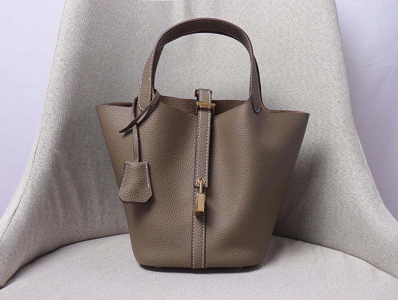 Genuine Leather Women's Bucket Bag Large Capacity Vegetable Basket Bag - NO LOGO