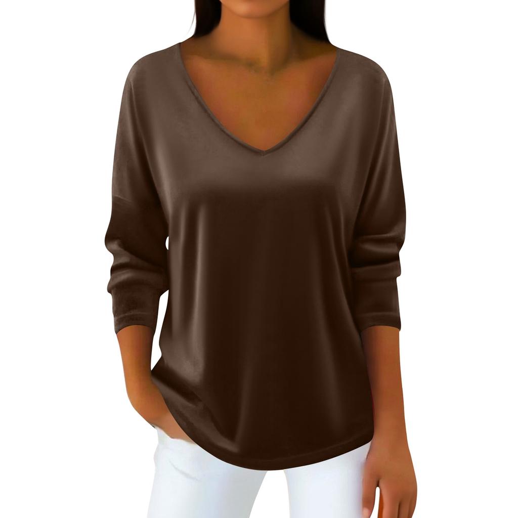 Women's V-neck Plush Collar  Long-sleeved Pullover T-shirt Top