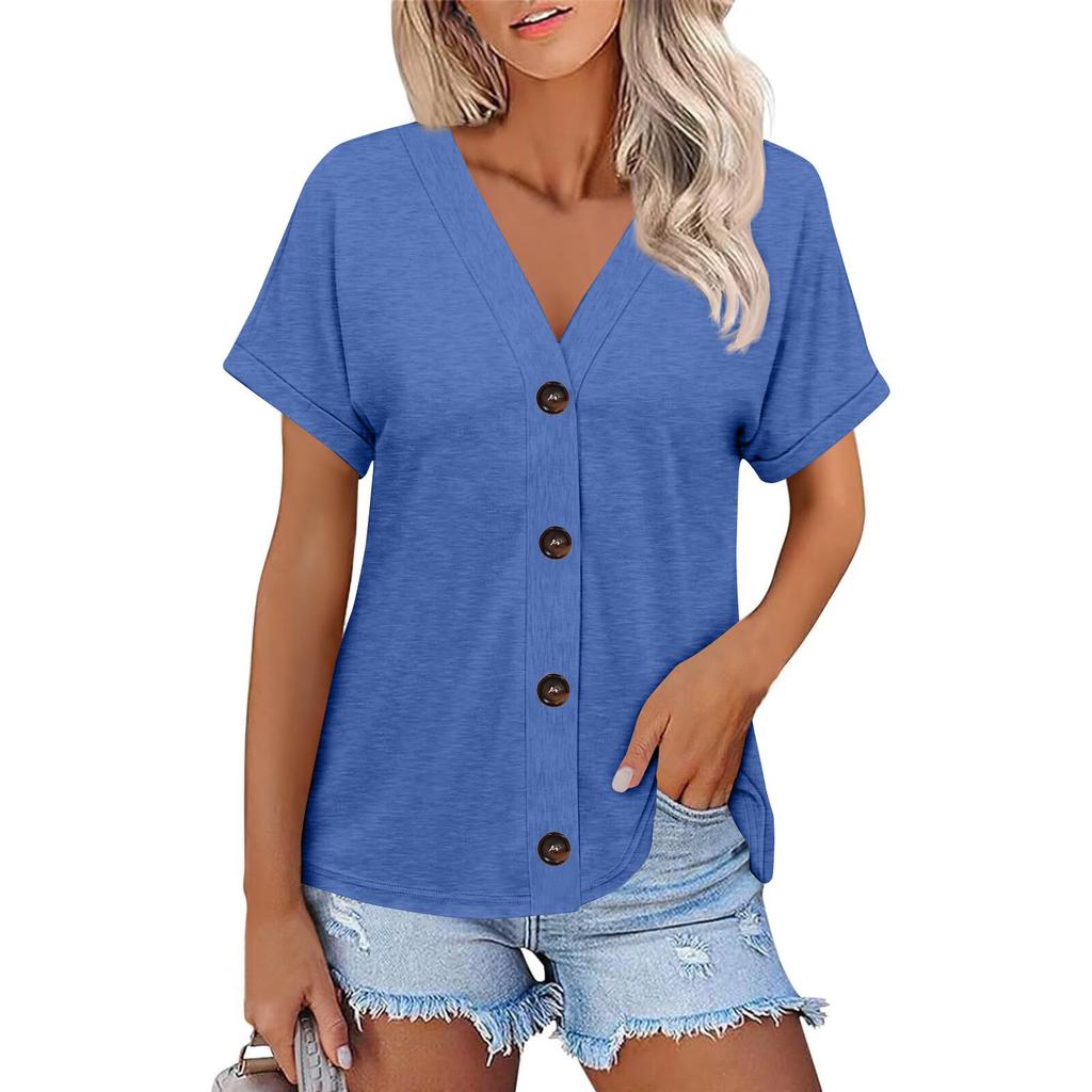 Women's Fashion Short-sleeved V-neck Solid Color Top Casual Button T-shirt
