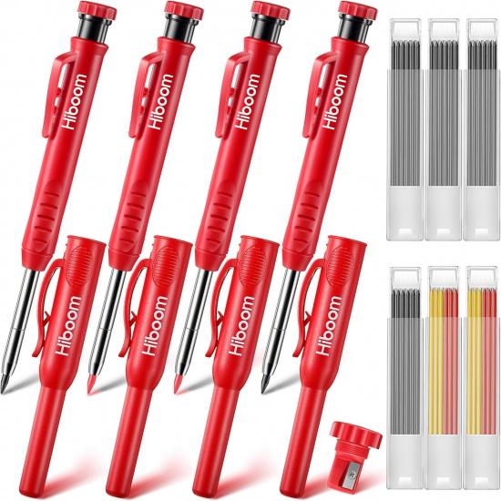 Hiboom 4 Pack Carpenter Pencils with 36 Refills (Red, Black, Yellow), 2.8 mm Heavy Duty Woodworking Marking Tool Built In Sharpener Ideal for Marking