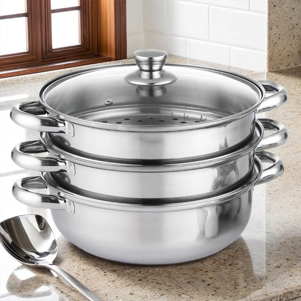 350°F 3 Tier Multi-Function Cook Food Egg Veg Pot with Lid Large Stainless Steel Steam Cooker Steamer Kitchen Steam Pot Steamer