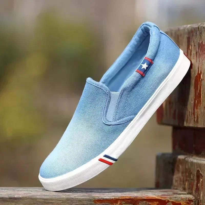Fashion Denim Men's Canvas Shoes Slip-On Sneakers Male Flats Breathable Loafers for Men  Summer Trainers Light Black Shoes Footwear