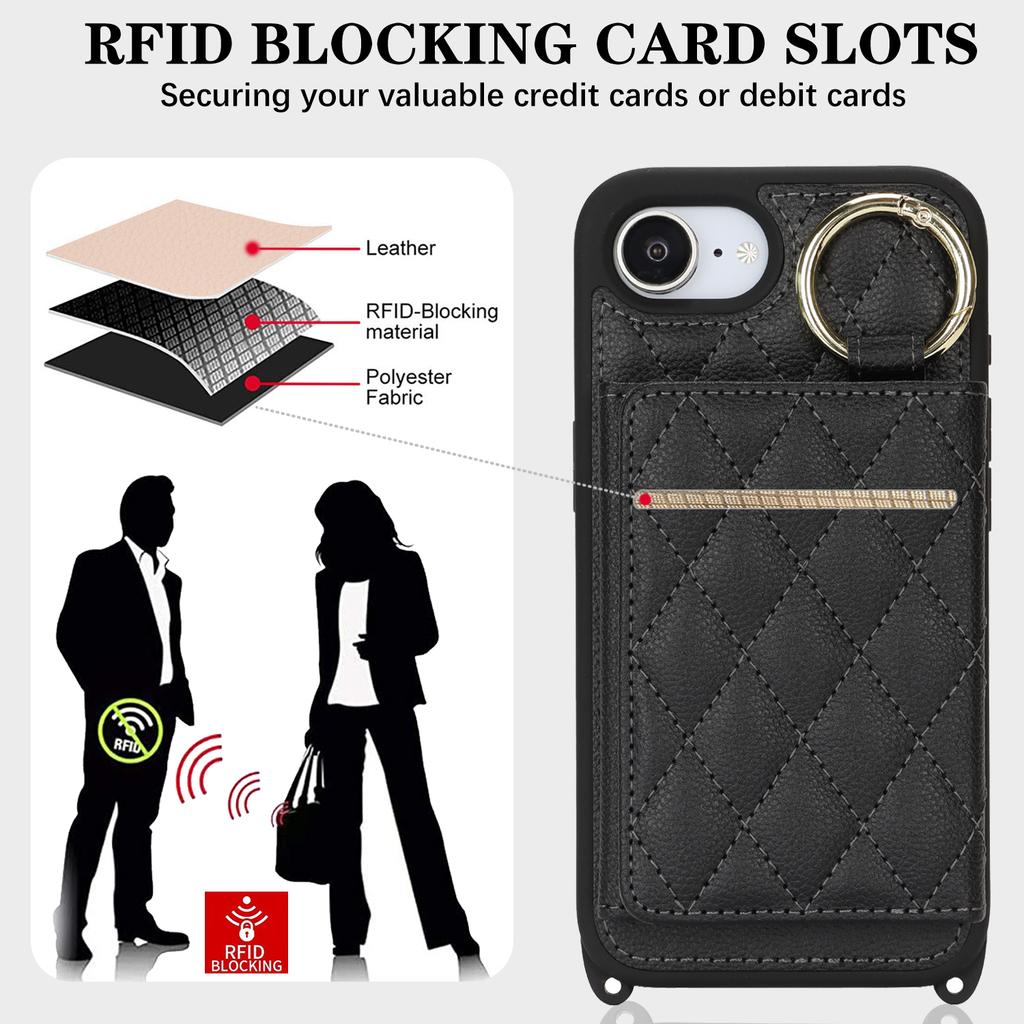 For iPhone 16e Case with Lanyard/Mirror/Card Holder Grids Pattern RFID Blocking Phone Cover