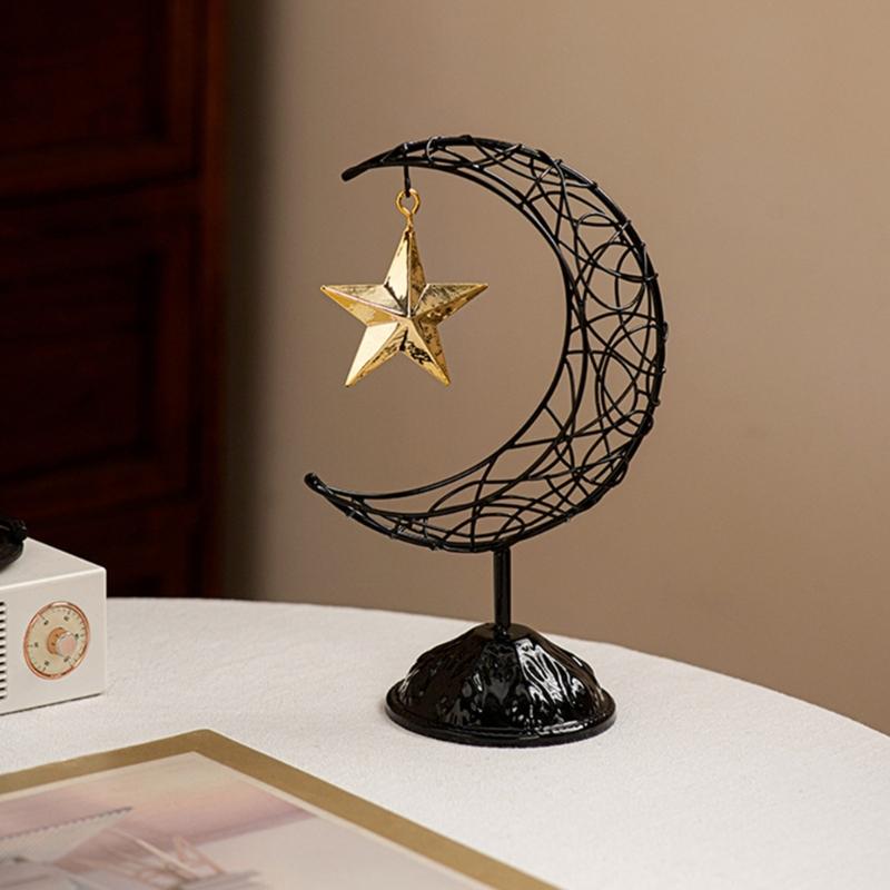 Artistic Middle Eastern Iron Moon Star Sculpture With Base Eid Ramadans Hollowout Ornament for Muslims Party Supplies
