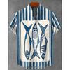 Summer Men's Retro 3D Art Printed Striped Fish Pattern Casual And Fashionable Linen Men's Stand-up Collar Shirt