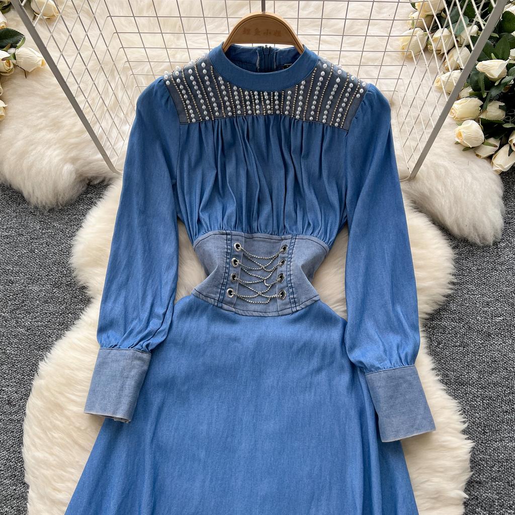 Весна Осень Женские Элегантные Бисероплетение Длинные Миди Вечерние Джинсовые Платья