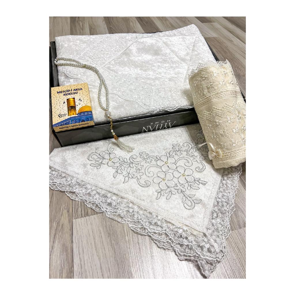 5 Piece Prayer Mat Set, Dowry Bundle Boxed, Velvet Laced Bride And Groom Set