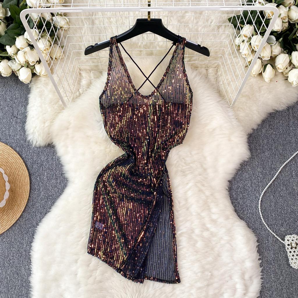 Sequins Erotic Camisole One Piece Dress Women Off Shoulder Short Split Skinny Party Dresses Female Fashion Cross Backless Club Sexy Dress 2024