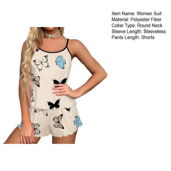 2 шт./комплект женский домашний топ шорты костюм с принтом бабочки без рукавов жилет с открытой спиной эластичный с высокой талией шорты