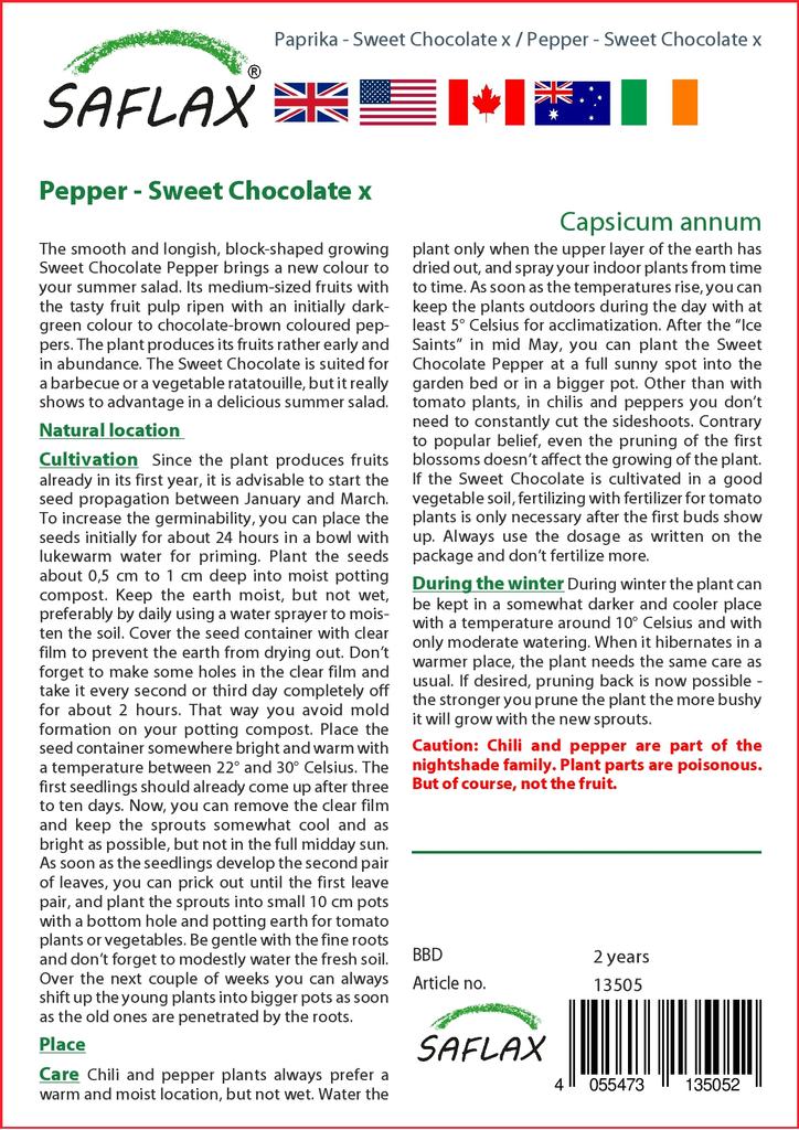 SAFLAX Garden in the Bag - Перец - Сладкий шоколад x - 10 семян - С субстратом в подходящем пакете - Capsicum annum