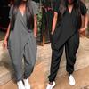 Jumpsuit Women Short Sleeve V-Neck Button Down Harem Rompers Overalls Pantalon