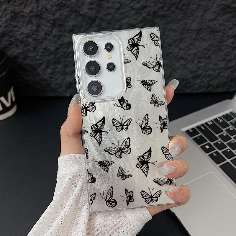 Черный блестящий глянцевый чехол для телефона с принтом бабочек для Samsung S25 S24 FE S23 Ultra A56 A36 A55 A16 A15 TPU PC Hybrid противоударный тонкий прозрачный бампер