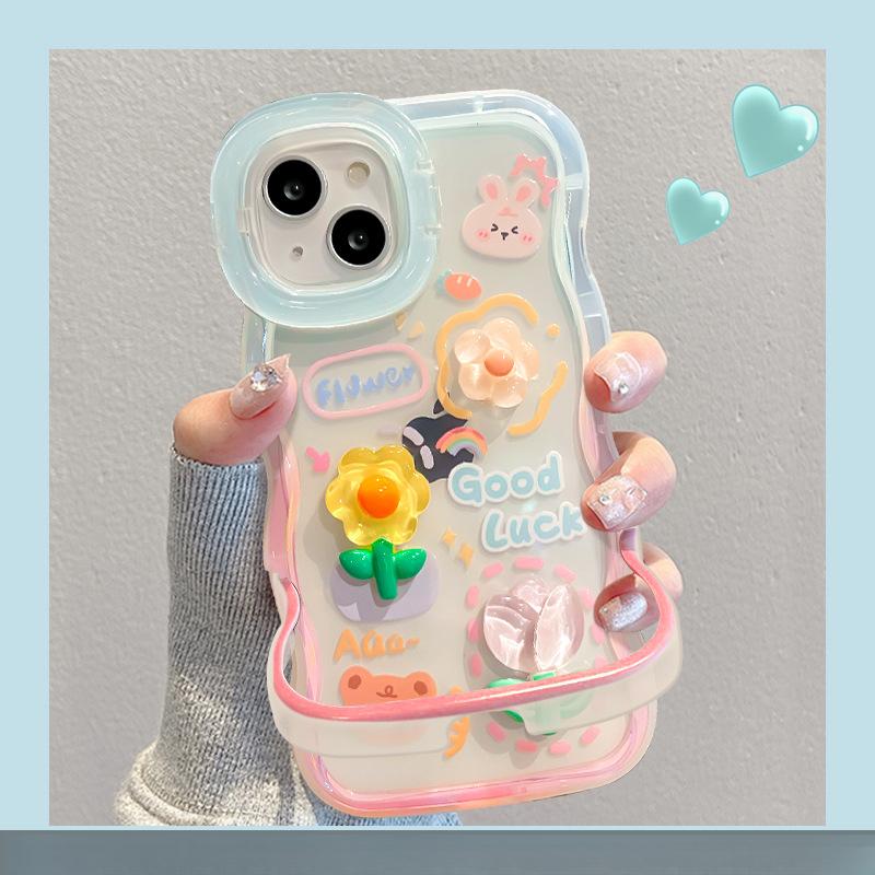 Applicable To Apple 15 Mobile Phone Case Iphone14 Rabbit Frog Flower Doll Chain 13 Wavy Edge Invisible Double Bracket
