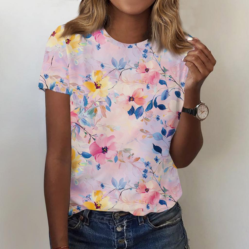Women's Fashion Casual Printed Round Neck Short Sleeved T-Shirt Top T-Shirt Top Top