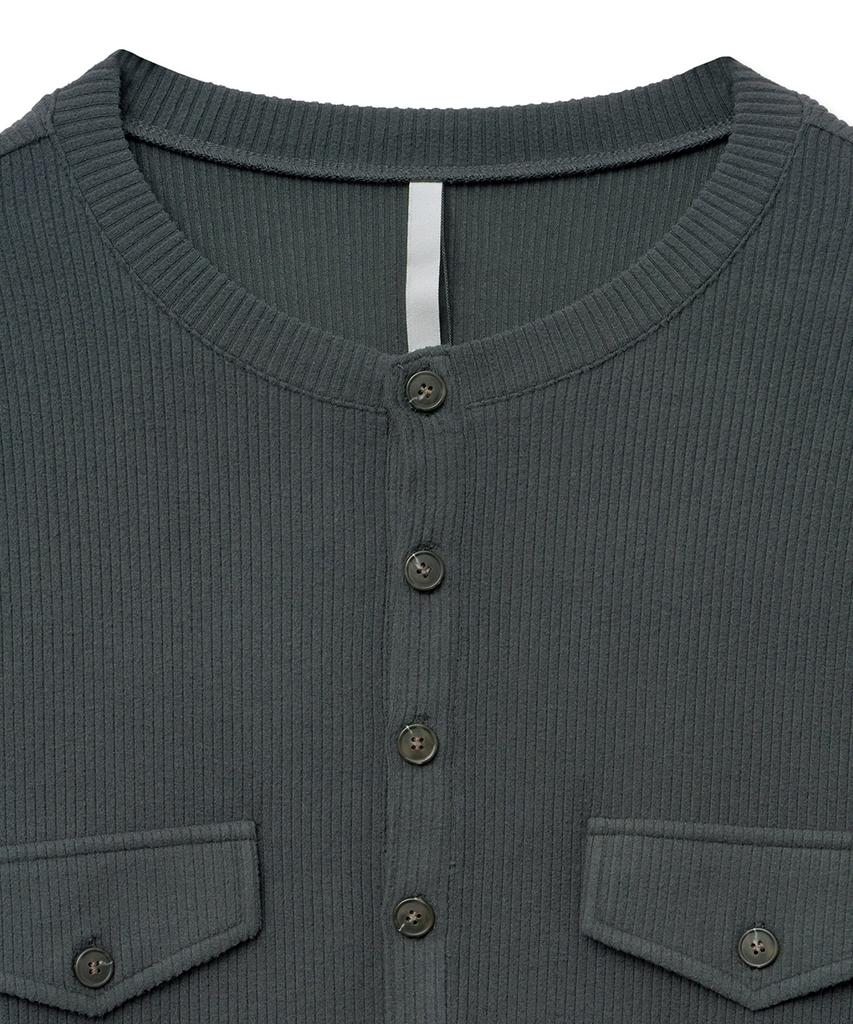 NOIRER Ribbed Henley Neck Long Sleeve T-Shirt (Dark Grey)