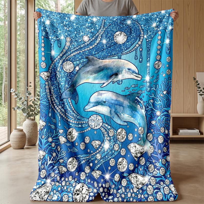 Oceanic Sparkle Dolphins Theme blanket Lightweight Warm Flannel Blanket Decorative Throw Blanket for Home Decoration