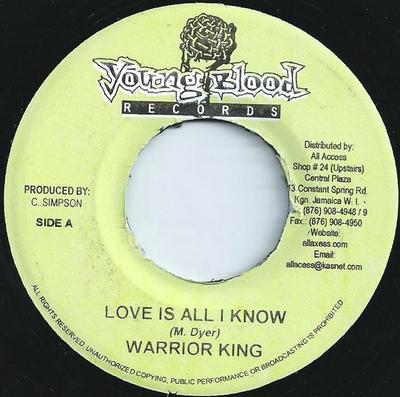7-дюймовая пластинка WARRIOR KING - Love Is All I Know NONE Young Blood Rec 2004 Ямайка Регги, Ска и Даб Б/У