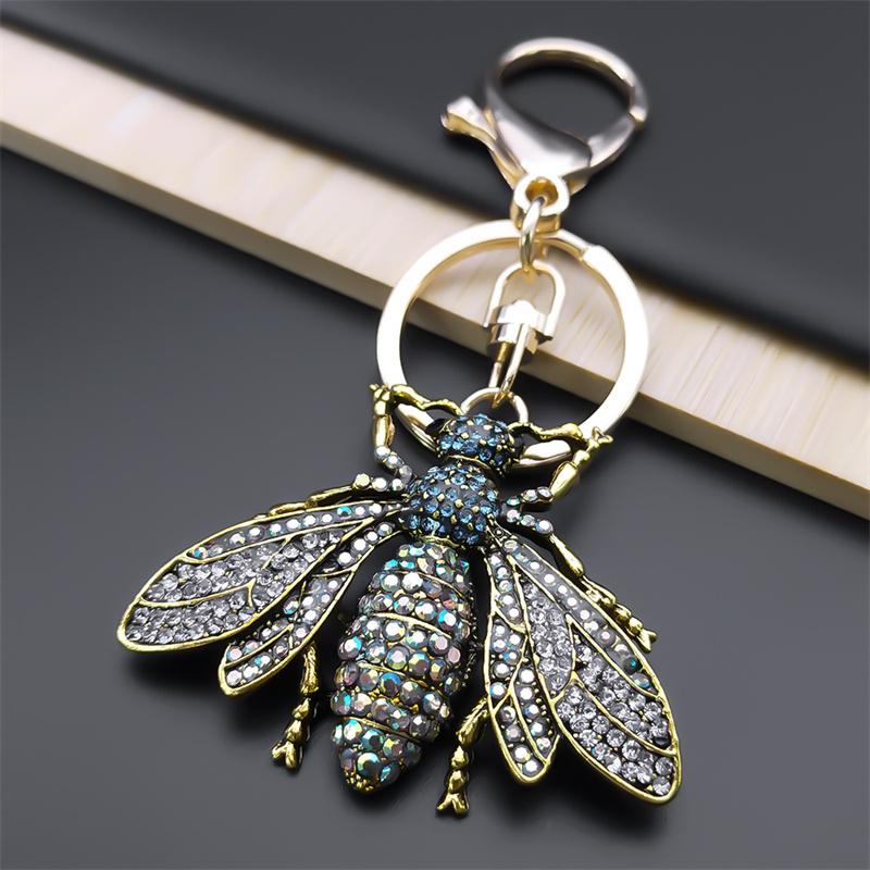 Vintage Crystal Bee Pendant Key Chain Women Alloy Rhinestone Keyring Car Bag Accessories Jewelry llaveros para mujer K9242S04