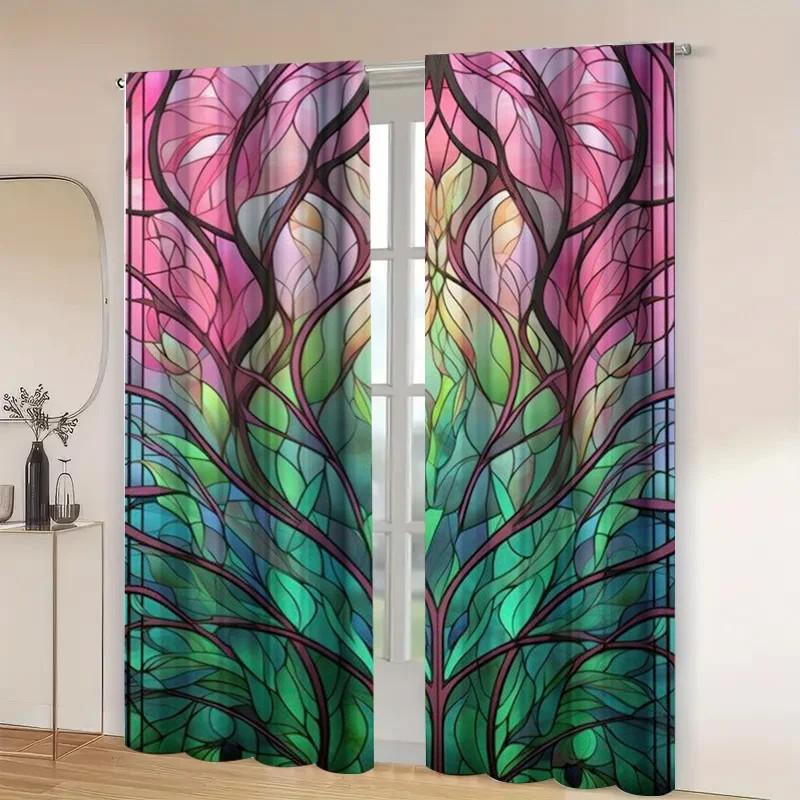 2pcs Floral Stained Glass Window Curtains Room Darkening Polyester Holiday Decor Home Decor Rod Pocket Curtains