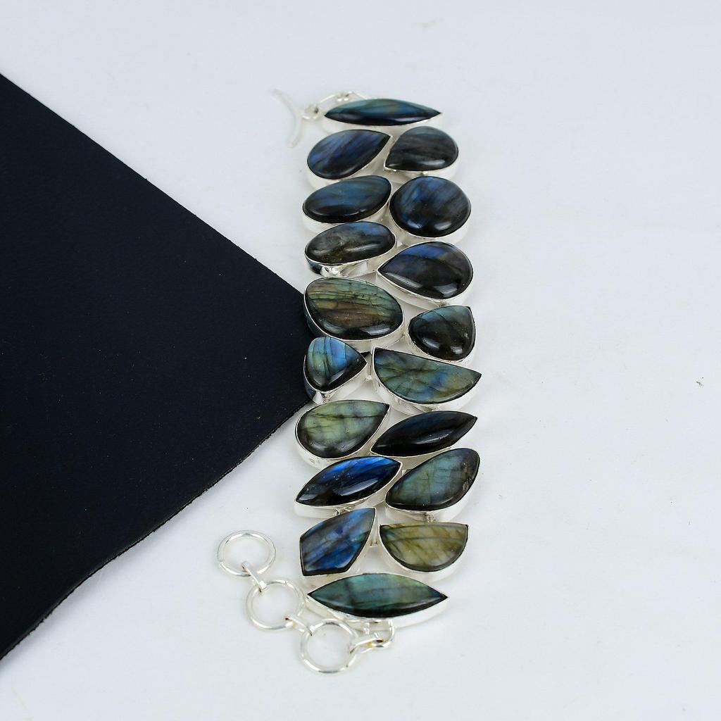 Natural Labradorite Gemstone Handmade 925 Sterling Silver Bracelet, Labradorite Bracelet For Wife , Unisex Bracelet Party Wear Gift