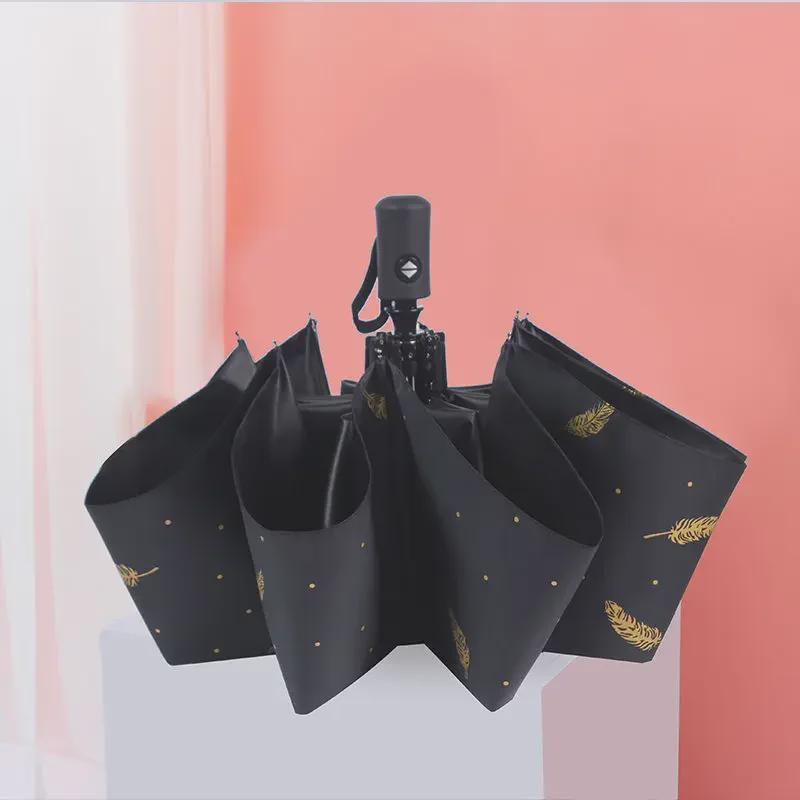 Компактный трехслойный зонт от солнца и дождя с золотым тиснением и защитой от ультрафиолета