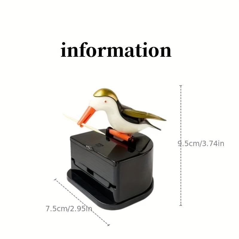 Charming Woodpecker Automatic Toothpick Dispenser Easy Press & Pop-Up Durable ABS Resin Black Base With White Golden Bird