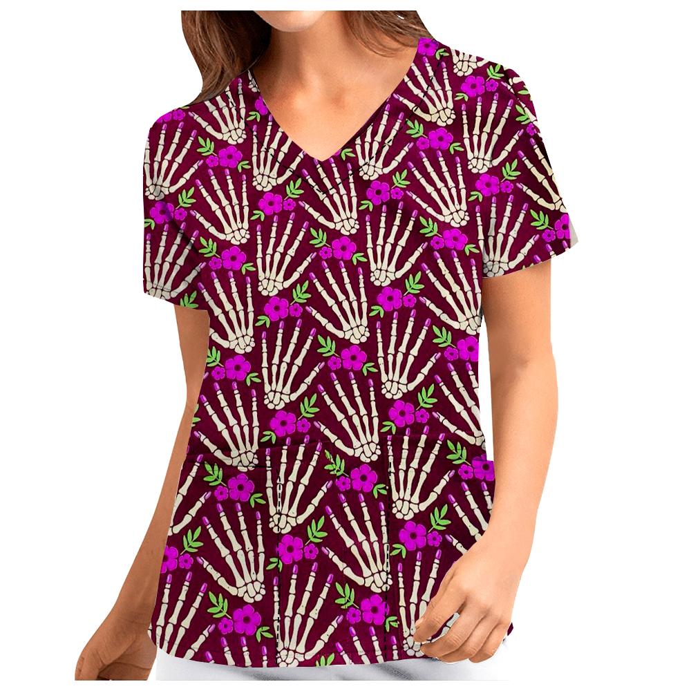 Men's Women's Summer Short Sleeve V Neck Nursing Work Clothes Disney Print Halloween Mary Cat Ophthalmology Work Uniform