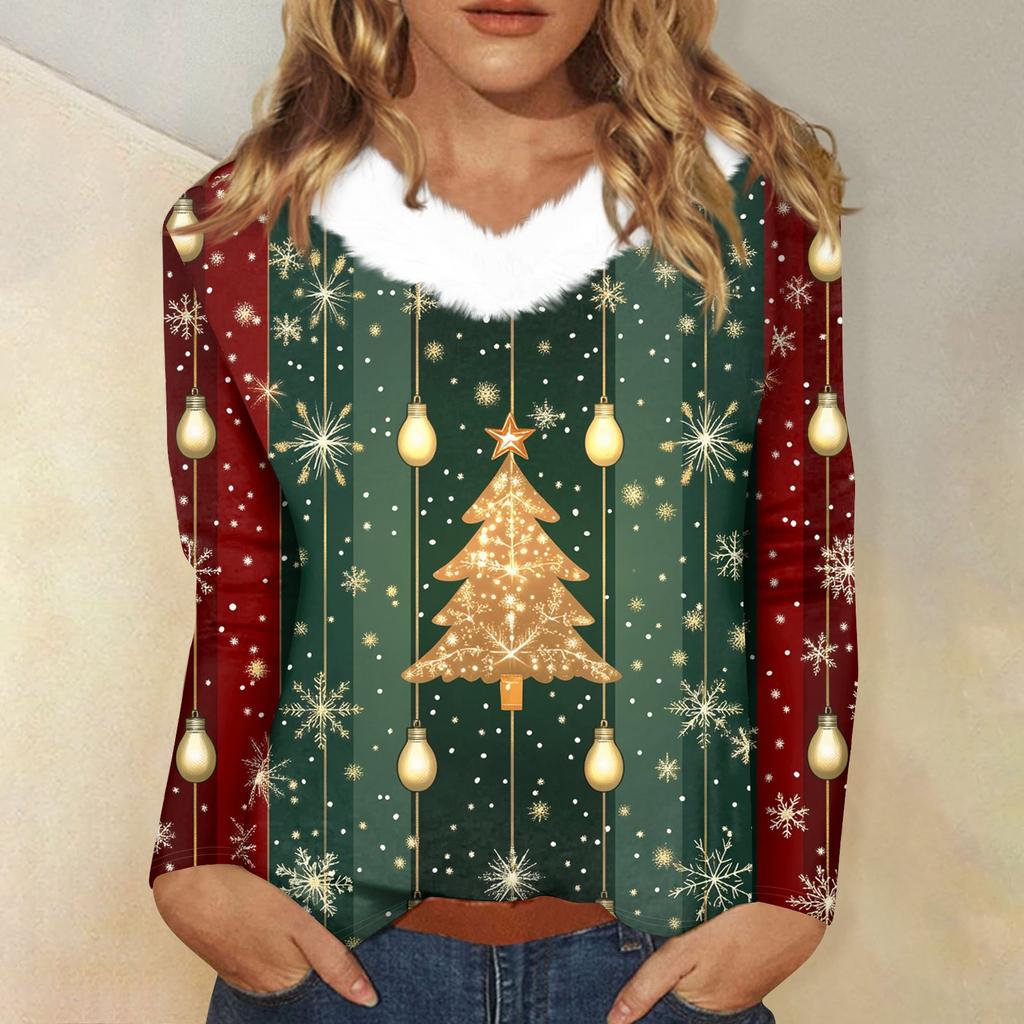 Women's T Shirt Shirt Long Sleeve Christmas Party Printed Plush Collar V Neck  Top