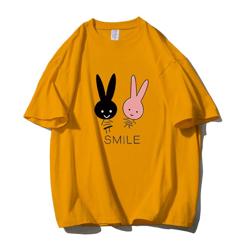Shellsuning Cute Bunny Graphic Printed T Shirts Women Summer Casual Loose O Neck Short Sleeve Tees Female Trendy 100% Cotton Tops Lady