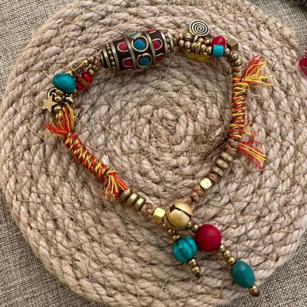 Регулируемый плетеный браслет из вощеного шнура с медными бусинами, плетеный браслет в древнем стиле, этнический браслет для девочек