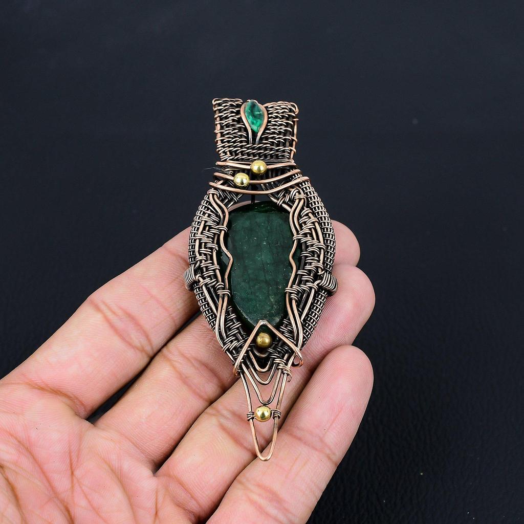 Lab-Created Emerald Gemstone Jewelry Pure Copper Wire Wrapped Handmade Pendant For Gift