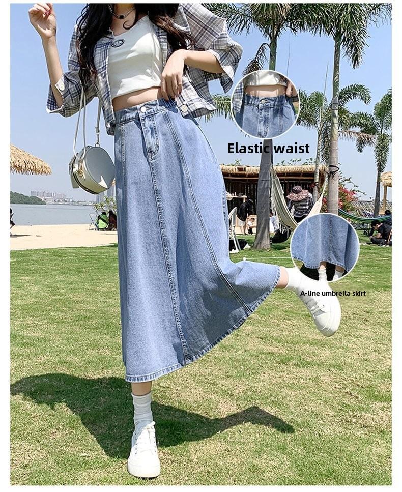 2023 Women's Long Spring Denim Pleated A-Line Skirt - High Waist, Mid-Length & Versatile