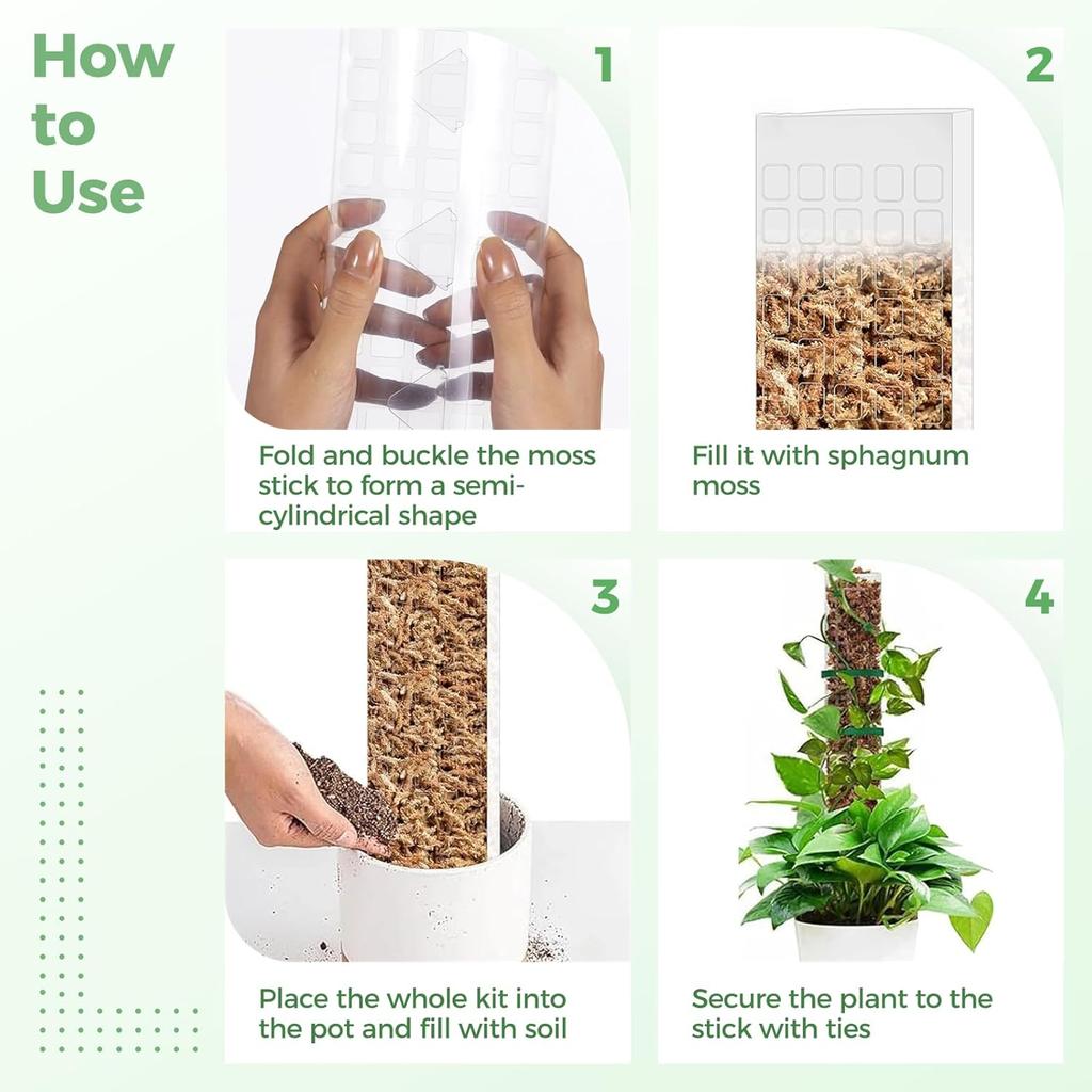 4 шт. пластиковых моховых столбиков, 24″ прозрачные палочки из сфагнового мха для комнатных вьющихся растений, штабелируемые полые опоры для растений с 10-футовыми стяжками, растительный мох