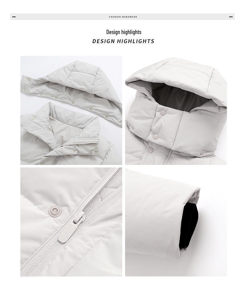 Модная длинная мужская зимняя пуховая куртка 2025 года - Белый утиный пух, Повседневный гонконгский стиль, Однотонная, Теплая верхняя одежда