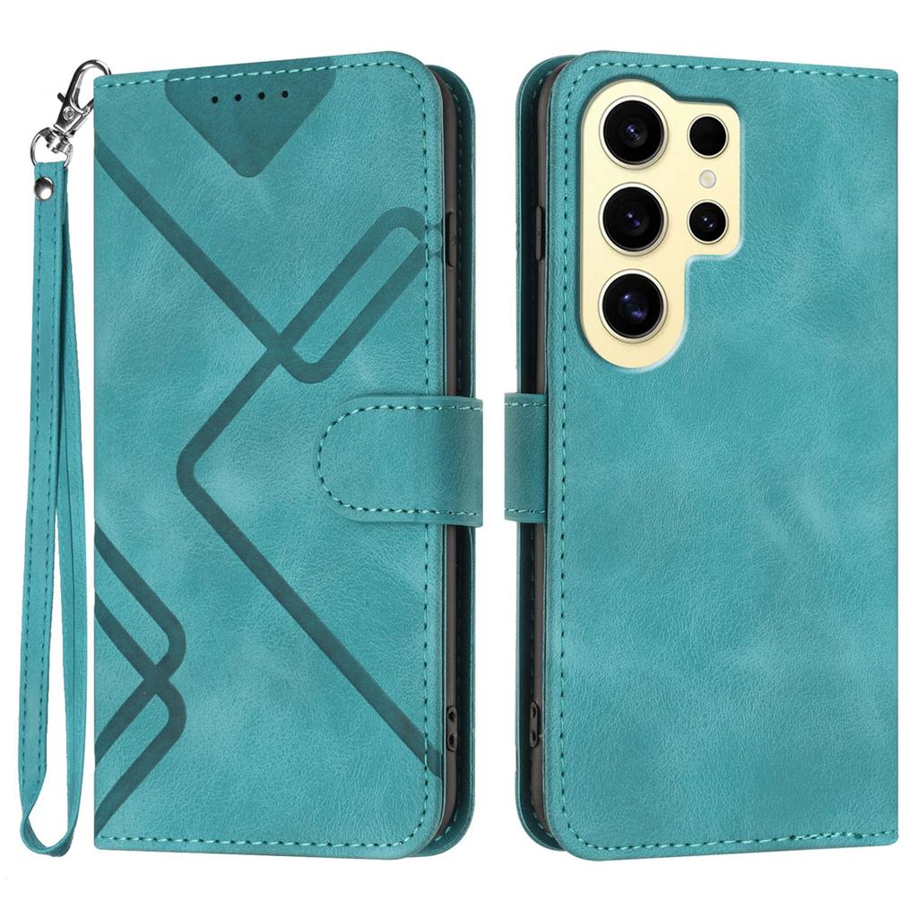 For Samsung Galaxy S24 Ultra Wallet Case Line Imprinted PU Leather Phone Cover with Strap