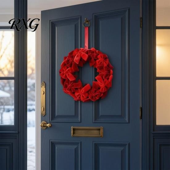 Red Christmas Wreath with Ribbon Velvet Wreath, Green Hanging Ornament Bow Soft Fabric Xmas for Table, Fireplace, Porch, Wall, New Year Party
