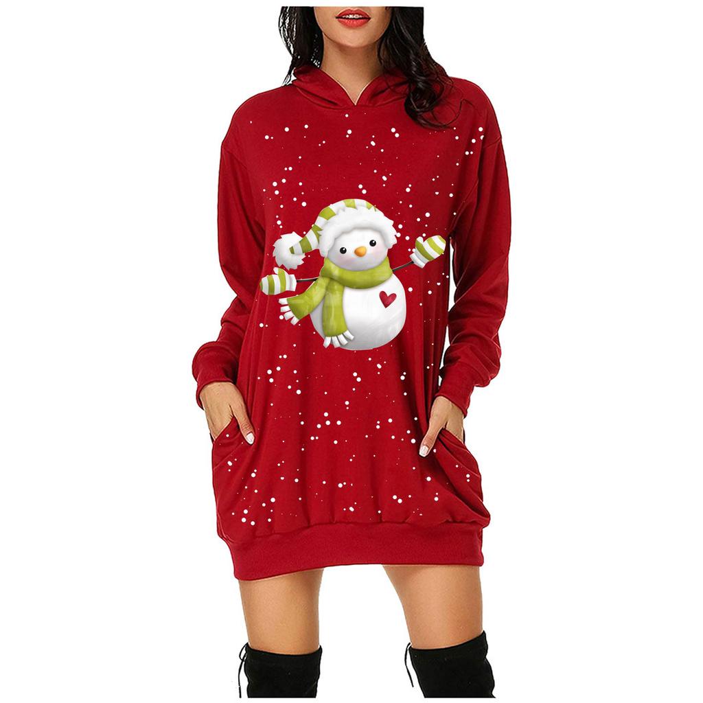 Women's Fashion Christmas Snowman Hoodie Bag Hip Pocket Print Hoodie Dress