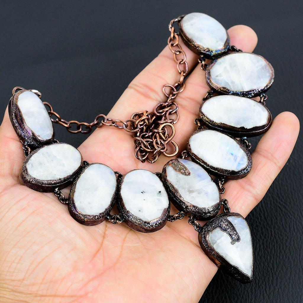 Rainbow Moonstone Necklace Gemstone Jewelry, Copper Electroformed Necklace, Adjustable Handmade Beautiful Jewelry Chain Necklace