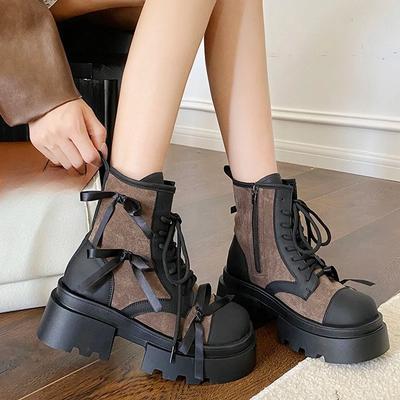 Платформенные модные ботинки женские новые осенние повседневные универсальные с бантом, боковой молнией, цветные блоки, короткие ботфорты до бедра, с большим пальцем