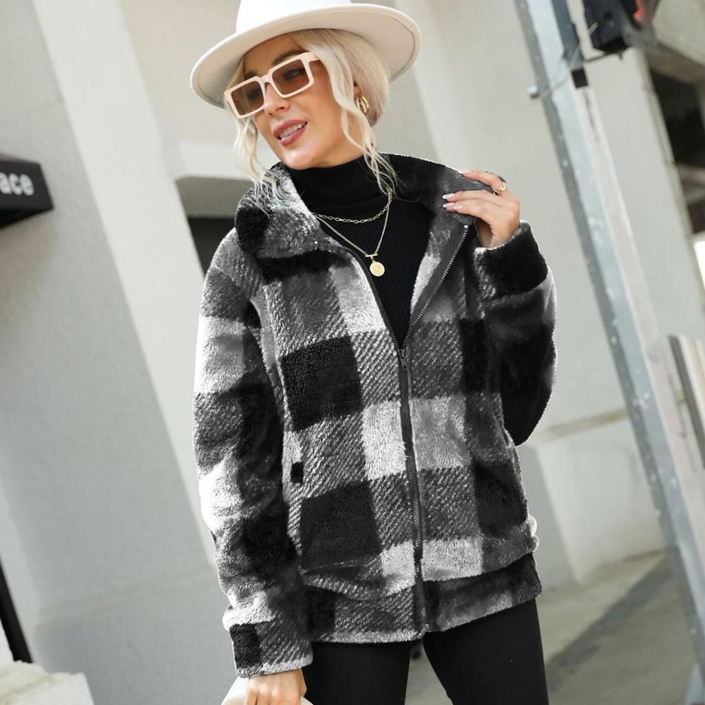 Женские куртки из флиса в клетку на молнии с плюшевыми длинными рукавами на осень-зиму и весну, верхняя одежда средней длины, модная уличная повседневная одежда