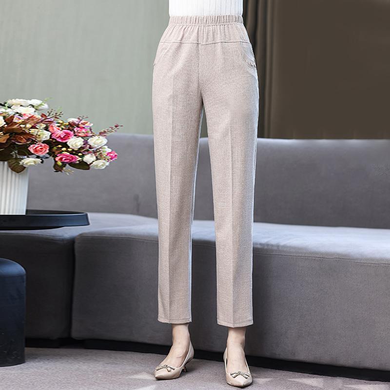 Summer High Waist Straight Pants for Women Plus Size Classic Elastic Waist Cotton Linen Trousers