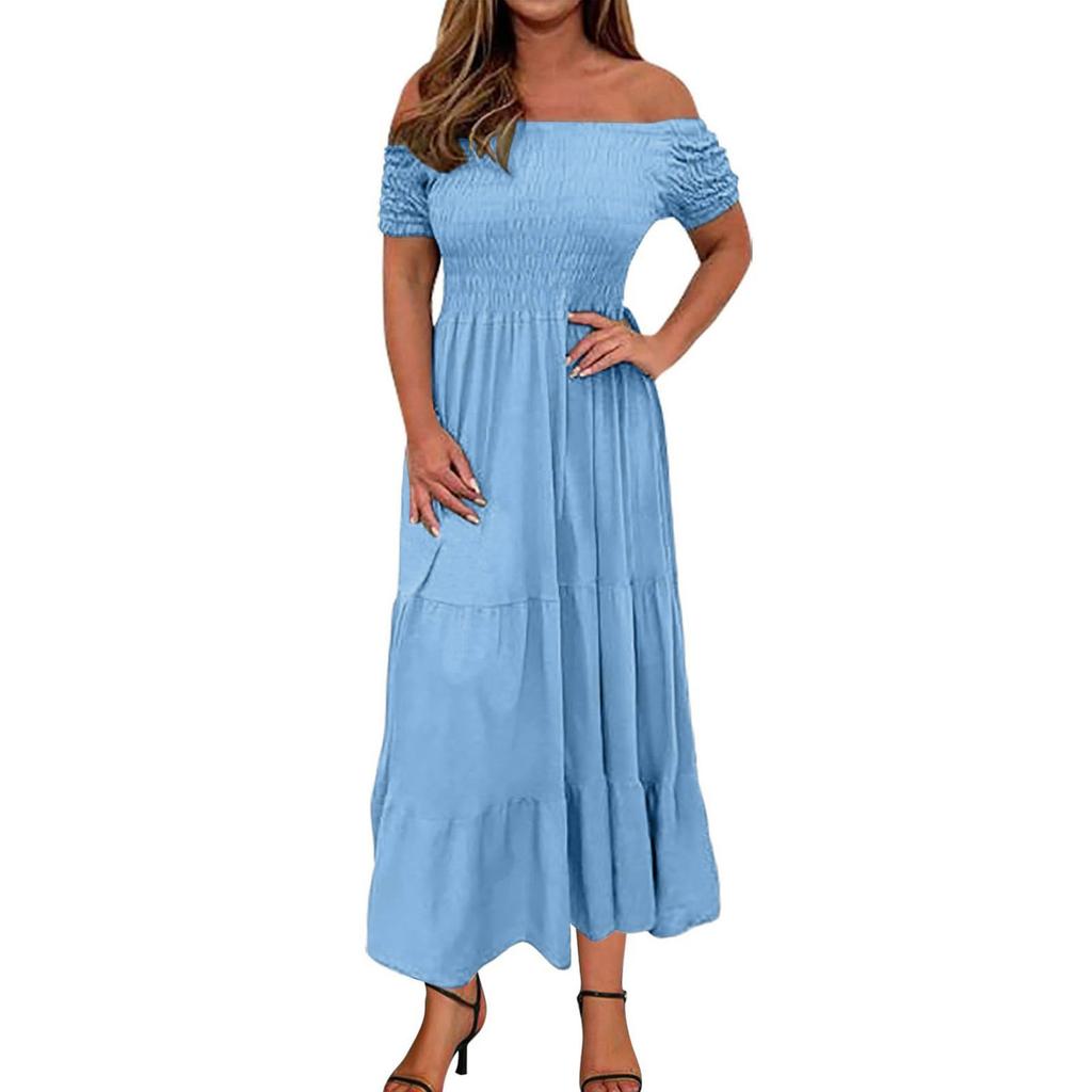 Women's Fashionable Solid Color Pleated Layered Short Sleeved Large Hem Dress