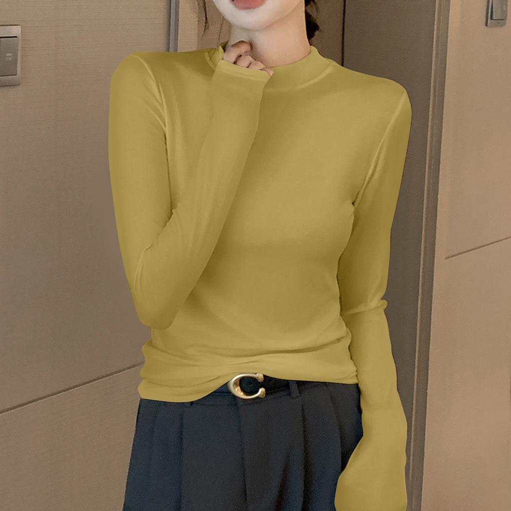 Женская однотонная однотонная футболка с полувысоким воротом и длинным рукавом