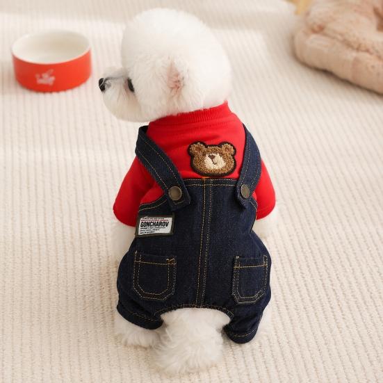 jijijing Stylish Sweatshirt Dog Jumpsuit, Four Legged Outfit, Cute Bear Embroidery, Denim Romper Pants Onesie Clothes for Small Dogs